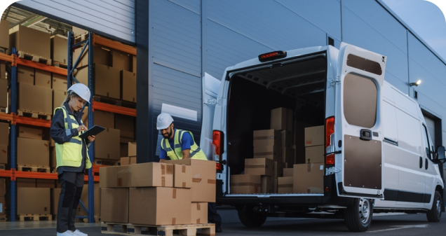 Operadores logísticos cargando mercancía en una van transportadora 
