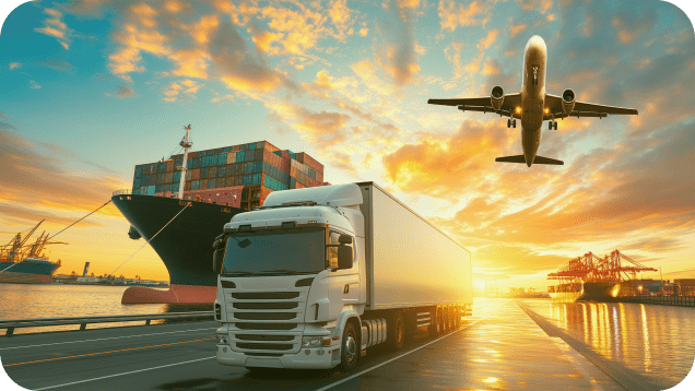 Imagen con los medios de transporte intermodal que maneja Traxión, como camiones, avion, y barco